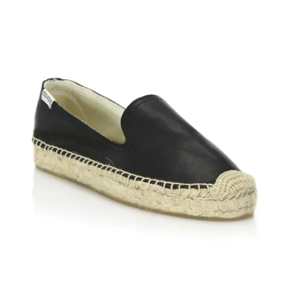 NWOT Soludos Black Leather Espadrille Smoking Slipper 11M